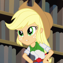 Size: 720x720 | Tagged: safe, screencap, applejack, equestria girls, g4, my little pony equestria girls: friendship games, belt, button-up shirt, clothes, cowboy hat, denim, denim skirt, female, hand on hip, hat, leaning forward, shirt, sitting, skirt, solo, teenager