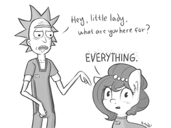 Size: 1024x768 | Tagged: safe, artist:dsp2003, oc, oc:brownie bun, earth pony, human, pony, crossover, female, looking at you, male, monochrome, open mouth, parody, rick and morty, rick sanchez, spoilers for another series, style emulation, the wedding squanchers