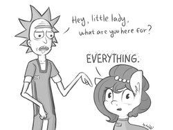 Size: 1024x768 | Tagged: dead source, safe, artist:dsp2003, oc, oc:brownie bun, earth pony, human, pony, crossover, female, looking at you, male, monochrome, open mouth, parody, rick and morty, rick sanchez, spoilers for another series, style emulation, the wedding squanchers