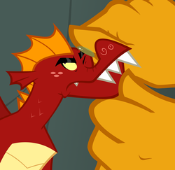 Size: 600x584 | Tagged: safe, artist:queencold, garble, oc, oc:caldera, dragon, g4, claws, dragoness, eyebrows, eyeroll, frown, grooming, mother and son, spit, teenaged dragon
