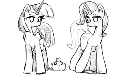 Size: 1190x752 | Tagged: safe, artist:archeryves, spike, trixie, twilight sparkle, alicorn, pony, g4, explicit source, monochrome, spike ball, twilight sparkle (alicorn)