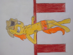 Size: 640x480 | Tagged: artist needed, safe, braeburn, earth pony, anthro, unguligrade anthro, g4, bedroom eyes, belly button, bipedal, bipedal leaning, clothes, male, sideways image, smiling, solo, stupid sexy braeburn, topless, traditional art, underhoof