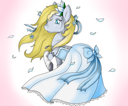 Size: 3287x2738 | Tagged: safe, artist:jezminebjartskular, oc, oc only, oc:evo, clothes, dress, flower, flower in hair, freckles, high res, hoof shoes, lily (flower), looking at you, looking back, necklace, petals, ribbon, simple background, solo, white dress