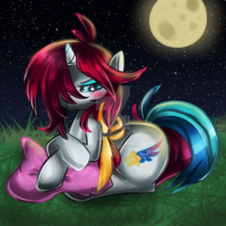 Size: 1024x1024 | Tagged: safe, artist:sallylapone, oc, oc only, blushing, moon, prone, solo