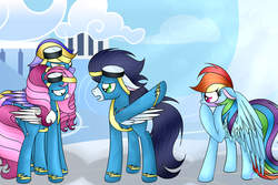 Size: 1024x683 | Tagged: safe, artist:northlights8, rainbow dash, soarin', oc, pony, g4, female, goggles, male, ship:soarindash, shipping, straight, trio, wonderbolts