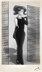 Size: 682x1171 | Tagged: safe, artist:the-park, rarity, human, g4, the gift of the maud pie, audrey hepburn, black dress, breakfast at tiffany's, clothes, dress, female, holly golightly, humanized, monochrome, solo
