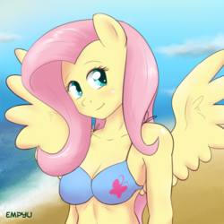 Size: 800x800 | Tagged: safe, artist:empyu, fluttershy, anthro, g4, beach, bikini, clothes, female, solo, swimsuit