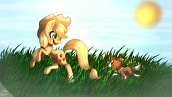 Size: 1920x1080 | Tagged: safe, artist:art-ksenia, applejack, winona, g4, grass, running