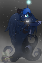 Size: 2222x3297 | Tagged: safe, artist:appletaffy, princess luna, spirit of hearth's warming yet to come, a hearth's warming tail, g4, cloak, clothes, female, high res, magic, snow, snowfall, solo, watermark