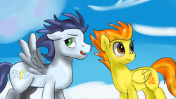 Size: 1280x720 | Tagged: safe, artist:jbond, soarin', spitfire, pegasus, pony, g4, backwards cutie mark, blushing, cloud, cloudy, cute, cutefire, duo, female, male, mare, old cutie mark, open mouth, ship:soarinfire, shipping, simple background, stallion, straight, style emulation