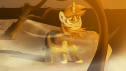 Size: 3500x1969 | Tagged: safe, artist:estories, oc, oc only, oc:littlepip, pony, unicorn, fallout equestria, clothes, dead tree, fanfic, fanfic art, female, jumpsuit, looking up, mare, morning, pipbuck, saddle bag, smiling, solo, standing, tree, vault suit, wasteland, windswept hair, windswept mane