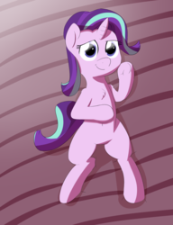 Size: 1500x1953 | Tagged: safe, artist:wenni, starlight glimmer, g4, bed, belly button, chest fluff, female, frog (hoof), lidded eyes, looking at you, lying down, lying on bed, on back, on bed, simple background, smiling, solo, underhoof