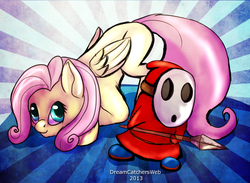 Size: 3000x2200 | Tagged: safe, artist:blindcoyote, fluttershy, pony, shy guy, g4, 30 minute art challenge, crossover, fluttershy guy, nintendo, spear, super mario bros., weapon
