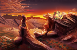Size: 2000x1294 | Tagged: safe, artist:blindcoyote, oc, oc only, fallout equestria, commission, desert, duo, looking at each other, scenery