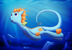 Size: 1024x722 | Tagged: safe, artist:jphyperx, oc, oc only, oc:nautica, fish, oarfish pony, sea cucumber, solo, swimming, tail, underwater