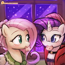 Size: 750x750 | Tagged: safe, artist:lumineko, flutterholly, fluttershy, merry, rarity, pegasus, pony, unicorn, a hearth's warming tail, g4, clothes, colored pupils, cookie, cute, duo, duo female, eye contact, female, food, friendshipping, lesbian, looking at each other, looking at someone, lumineko is trying to murder us, mare, mouth hold, patreon, patreon logo, ponies with cookies, raribetes, ship:flarity, shipping, shyabetes