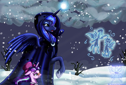Size: 1024x694 | Tagged: safe, artist:shimmycocopuffssx1, princess luna, snowfall frost, spirit of hearth's warming yet to come, starlight glimmer, a hearth's warming tail, g4, cloak, clothes, dancing, magic, scene interpretation, snow, snowfall, spread wings