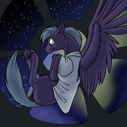 Size: 1000x1000 | Tagged: safe, artist:foxenawolf, oc, oc only, pegasus, pony, fanfic:safe landings, ponies after people, clothes, fanfic art, flying, hooves, male, night, night sky, orbit, pilot, sky, solo, spread wings, stallion, stars, wings, zero gravity