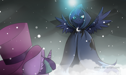 Size: 1024x614 | Tagged: safe, artist:allmiz, princess luna, snowfall frost, spirit of hearth's warming yet to come, starlight glimmer, a hearth's warming tail, g4, cloak, clothes, magic, spread wings