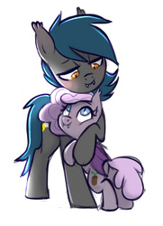 Size: 600x827 | Tagged: dead source, safe, artist:imalou, oc, oc only, oc:sirocca, oc:speck, bat pony, pony, cute, duo, hug, mother and daughter
