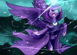 Size: 1400x1000 | Tagged: dead source, safe, artist:sacred-hedge, princess luna, spirit of hearth's warming yet to come, alicorn, pony, a hearth's warming tail, g4, cloak, clothes, female, magic, snow, snowfall, solo
