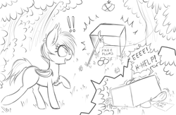 Size: 2152x1403 | Tagged: safe, artist:replica, oc, oc only, oc:nolegs, bat pony, pony, box, chest fluff, cute, eeee, exclamation point, eyes on the prize, female, grayscale, lineart, mare, monochrome, plum, prone, raised hoof, raised leg, simple background, sketch, solo, stuck, trap (device), trapped, underhoof, white background, wide eyes, yelling