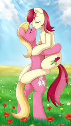 Size: 1500x2665 | Tagged: dead source, safe, artist:evomanaphy, lily, lily valley, roseluck, g4, cloud, couple, duo, female, flower, flower field, kissing, lesbian, mare, mare on mare, roselily, shipping