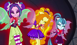 Size: 1208x702 | Tagged: safe, screencap, adagio dazzle, aria blaze, sonata dusk, equestria girls, g4, my little pony equestria girls: rainbow rocks, bare shoulders, fin wings, pendant, ponied up, sleeveless, the dazzlings, welcome to the show