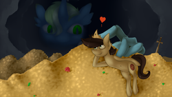 Size: 4000x2250 | Tagged: safe, artist:marsminer, oc, oc only, oc:bonfire, oc:keith, pony, duo, high res, hoard, male, size difference, smiling, stallion, sword, treasure, weapon
