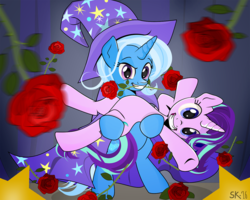 Size: 1151x921 | Tagged: safe, artist:dsana, starlight glimmer, trixie, pony, g4, no second prances, bipedal, duo, flower, rose, rose in mouth