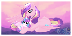 Size: 3232x1622 | Tagged: safe, artist:xwhitedreamsx, princess cadance, princess flurry heart, alicorn, pony, g4, baby flurry heart, caring eyes, cute, cutedance, duo, duo female, female, filly, flurrybetes, foal, mama cadence, mare, missing accessory, mother and child, mother and daughter, on back, prone, smiling, spread wings, underhoof