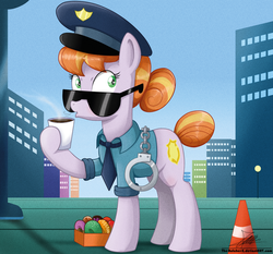 Size: 1871x1742 | Tagged: safe, artist:the-butch-x, copper top, earth pony, pony, g4, the gift of the maud pie, blowing, box, city, clothes, coffee, cuffs, cup, donut, drink, female, food, hot, mare, necktie, police officer, police uniform, signature, solo, sunglasses