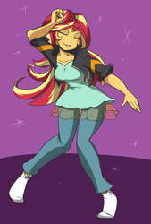 Size: 978x1445 | Tagged: dead source, safe, artist:reiduran, sunset shimmer, equestria girls, g4, breasts, clothes, dancing, eyes closed, female, jacket, leather jacket, sexy, shading, socks, solo