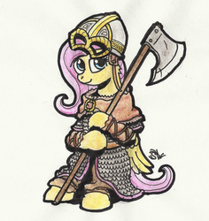 Size: 508x537 | Tagged: safe, artist:sensko, fluttershy, armor, axe, battle axe, female, helmet, pencil drawing, simple background, solo, traditional art, viking, war axe, weapon, white background