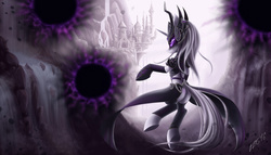 Size: 1944x1111 | Tagged: safe, artist:zigword, pony, unicorn, armor, canterlot, clothes, crossover, league of legends, ponified, signature, solo, syndra