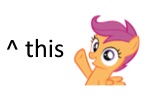Size: 150x100 | Tagged: safe, artist:theelinker, scootaloo, pony, g4, female, juxtaposition bait, picture for breezies, ponymotes, reaction image, solo, text, this