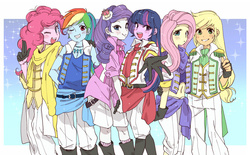 Size: 1000x620 | Tagged: safe, artist:pasikon, applejack, fluttershy, pinkie pie, rainbow dash, rarity, twilight sparkle, equestria girls, g4, blushing, clothes, fingerless gloves, gloves, looking at you, mane six, midriff, one eye closed, open mouth, osomatsu-san, smiling