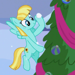 Size: 302x302 | Tagged: safe, screencap, helia, pegasus, pony, a hearth's warming tail, g4, animated, animation error, background pony, christmas tree, cropped, cute, female, floating, flying, heliadorable, mare, snow, snowball, snowfall, solo, throwing, tree