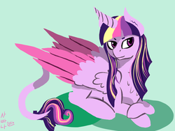 Size: 800x600 | Tagged: safe, artist:nevermindtae, twilight sparkle, alicorn, classical unicorn, pony, g4, colored wings, colored wingtips, female, future, green background, horn, leonine tail, mare, older, prone, simple background, sitting, solo, twilight sparkle (alicorn)