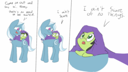 Size: 1280x720 | Tagged: safe, artist:happy harvey, trixie, oc, oc:filly anon, pony, unicorn, :o, anon riding trixie, colored, comic, cute, daaaaaaaaaaaw, dialogue, drawn on phone, female, filly, hiding, hnnng, looking up, mare, momma trixie, motherly, open mouth, ponies riding ponies, riding, shy, simple background, smiling, trixie's cape, weapons-grade cute, white background, wide eyes, wrapped up