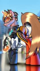 Size: 2160x3840 | Tagged: safe, butt, clothes, crossover, glowing horn, goggles, gun, high res, horn, looking at you, looking back, magic, overwatch, plot, ponified, telekinesis, tracer, vector, weapon