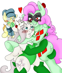 Size: 1661x1969 | Tagged: safe, artist:blackbewhite2k7, fluttershy, pinkie pie, g4, commission, female, flora beast, flutterbitch, harley quinn, hug, hypnosis, imminent kissing, lesbian, ship:flutterpie, shipping