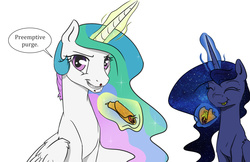 Size: 1190x770 | Tagged: safe, artist:powercat, artist:silfoe, color edit, edit, princess celestia, princess luna, royal sketchbook, g4, :t, colored, eating, eyes closed, fluffy, food, glowing horn, grin, horn, looking at you, magic, missing accessory, smiling, smirk, taco, telekinesis