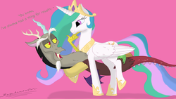 Size: 4413x2481 | Tagged: safe, artist:megaanimationfan, discord, princess celestia, g4, female, flirting, floating, high res, male, ship:dislestia, shipping, signature, straight, text