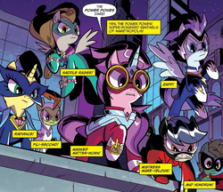 Size: 624x540 | Tagged: safe, idw, official comic, fili-second, humdrum, masked matter-horn, mistress marevelous, radiance, saddle rager, zapp, earth pony, pegasus, pony, unicorn, g4, spoiler:comic, clothes, costume, female, humdrum costume, mare, masked matter-horn costume, power ponies, raised hoof, scenery, speech bubble, superhero costume