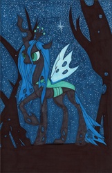 Size: 621x960 | Tagged: safe, artist:hoshikyoukan, queen chrysalis, changeling, changeling queen, g4, crown, female, jewelry, night, raised hoof, regalia, solo, stars, traditional art