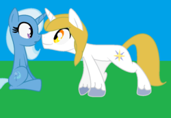 Size: 1023x704 | Tagged: safe, artist:jolteonlove33, prince blueblood, trixie, pony, unicorn, g4, female, male, mare, ship:bluetrix, shipping, straight, wrong eye color