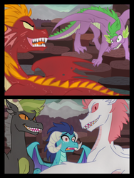 Size: 1536x2048 | Tagged: safe, artist:tamersworld, baff, fizzle, garble, princess ember, spike, dog, dragon, equestria girls, g4, gauntlet of fire, angry, blocking, blushing, comic, dragoness, evil grin, female, fight, grin, gritted teeth, implied shipping, looking at each other, looking at someone, male, older, older ember, older spike, rivalry, ship:emberspike, shipping, shocked, shocked expression, smiling, straight, teenaged dragon, teeth, winged spike, wings, worried