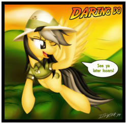 Size: 4200x4080 | Tagged: safe, artist:iflysna94, daring do, g4, absurd resolution, clothes, female, flying, hat, looking back, one eye closed, open mouth, signature, solo, speech bubble, wink