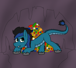 Size: 840x750 | Tagged: safe, artist:koonzypony, oc, oc only, oc:aeternalis fuel, dracony, dragon, hybrid, longma, cave, fangs, gem, gold, greedy, growling, solo, stare